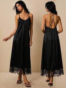 Poéselle Women's Loose Lace Hem Backless Halter Dress,Black Dress ,Lace-Trimmed Long Dress,Holiday Outfits Women,Summer Dress Holiday Vacation Elegant - Black - View 7