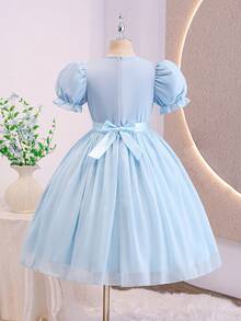 Girls' Blue Puff Sleeve Chiffon Dress, Lightweight And Soft, Suitable For Vacation, Graduation Ceremony, Back To School, Wedding Season, Various Ball Events, Formal Occasions - Blue - View 2