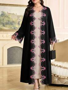 Al Najma 大尺碼女款花卉刺繡圖案休閒派對旅行長袍 - 黑色 - 查看 5