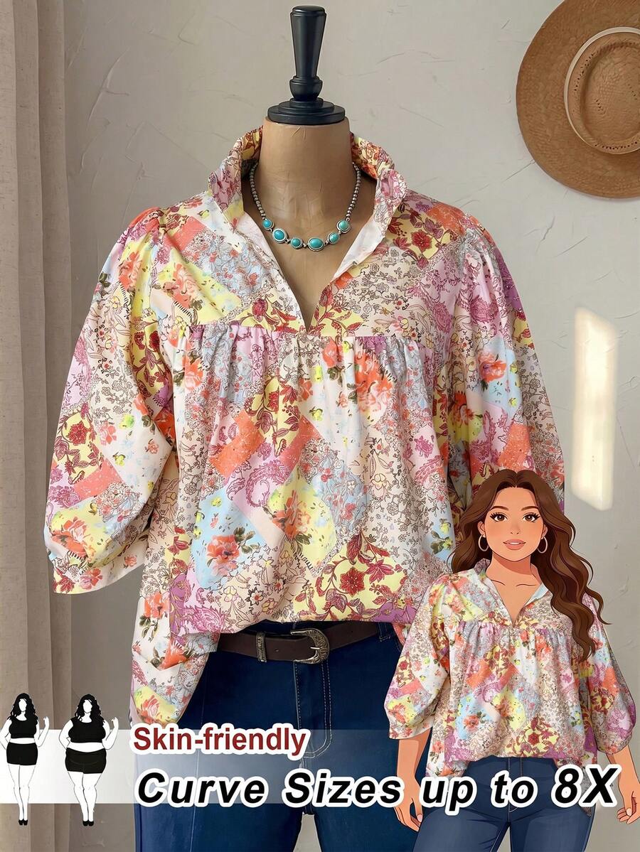 SHEIN CURVE+ 度假風休閒百搭大尺碼露肩藍白花卉圖案挖空領襯衫,夏季度假 - 杏色 - 查看 1