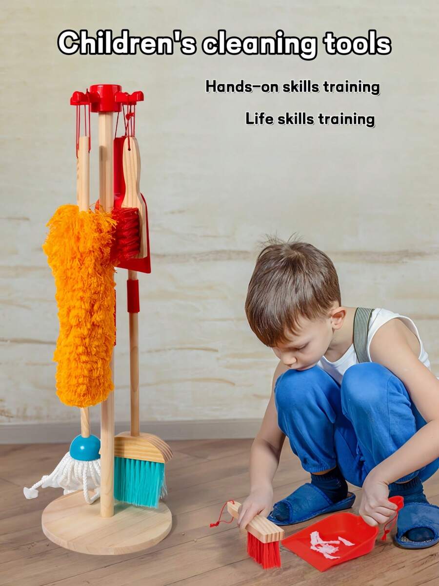 MINKOJA 6Pcs Kids Wooden Cleaning Tool Set With Storage Rack, Broom Mop & Duster, Pretend Role Play Toy, Educational Toy For Developing Hands-On Skills & Good Habits, Suitable For 3+ Years Old, Parent-Child Interactive Gift For Boys & Girls