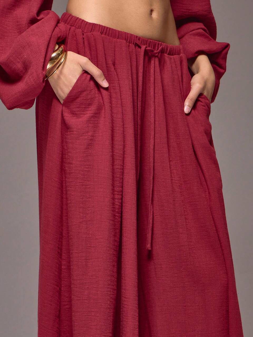 Pantalones Rojos de Tejido de Pierna Muy Ancha y Cintura Baja con Cordón