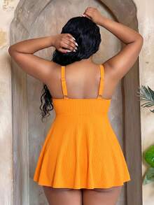 Maweii Summer Beach Plus Size Solid Color Textured Tankini Swimwear Vacation - Orange - View 2