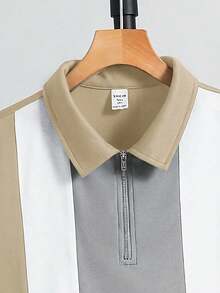 SHEIN 2pcs/Set Teen Boy Casual Collegiate Color Block Polo Shirt & Shorts Set, Suitable For Commuting. - Khaki - View 5