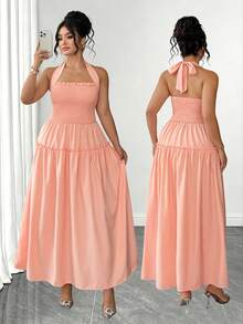 SHEIN Clasi Plus Size Women's Square Neck Pleated Top With Crisscross Back, Open Back, Off-Shoulder, Bow, Ruffle Hem, A-Line Maxi Dress, Elegant Peach Formal Party Bridesmaid Dress, Wedding Guest Dress, Plus Size Friendly, Ruffle Hem, Vacation, Casual, Design-Driven Plus Size Evening Gown, European And American Style, Beach, Women's Elegant Dress, Women's Summer Dress - Coral Pink - View 1