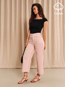 lacRébo Pink Stripe High-Waisted Straight Fit Cropped Jeans Summer Casual Cute Cotton Pants Vintage Back-To-School Everyday School Brunch - Pink - View 4