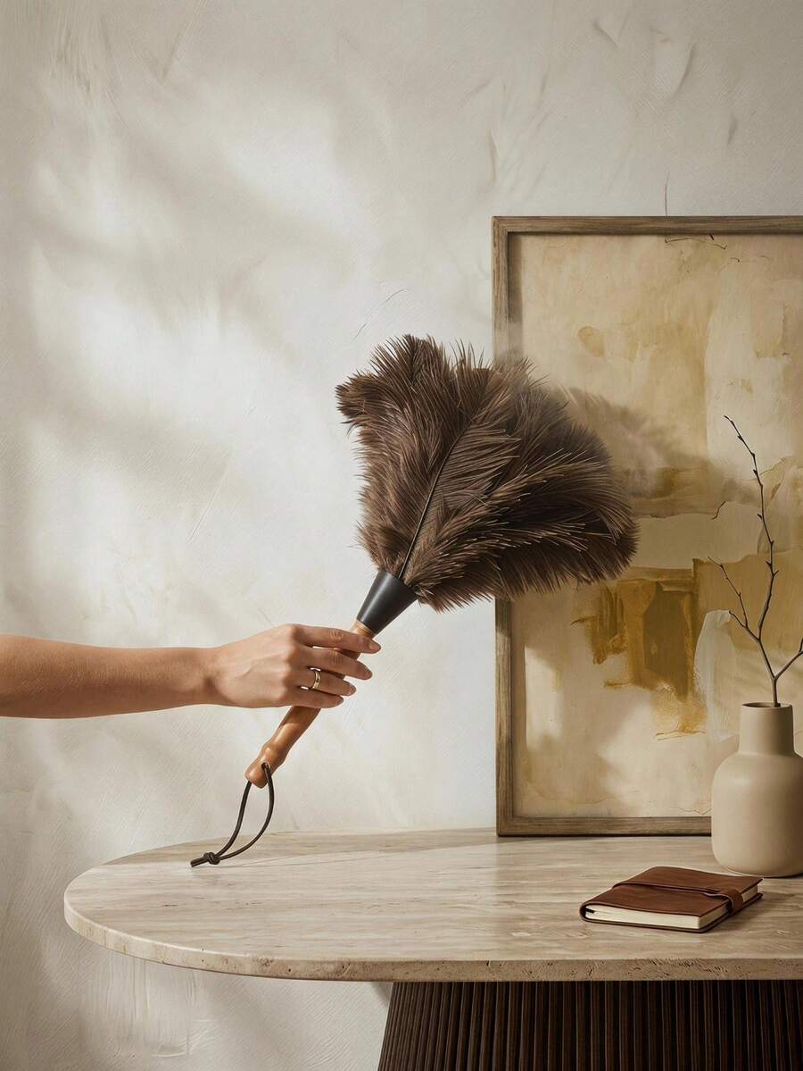 Cirelle 1pc Natural Feather Duster With Wooden Handle, Gentle Cleaning Brush For Home, Furniture & Decor, Lint-Free Dust Remover For Shelves, Books, Jewelry & Ornaments, Elegant Cleaning Tool For Bedroom & Living Room, Ideal Gift For Home Enthusiasts. - White Pole #1 - View 1