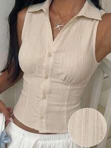 SHEIN EZwear 女士纯色纹理度假单排扣衬衫 - 杏色 - 查看 7