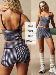 VARSIVA Women's Plaid Sleeveless Crop Top And Shorts Sports Suit, Summer - Black and White - View 2