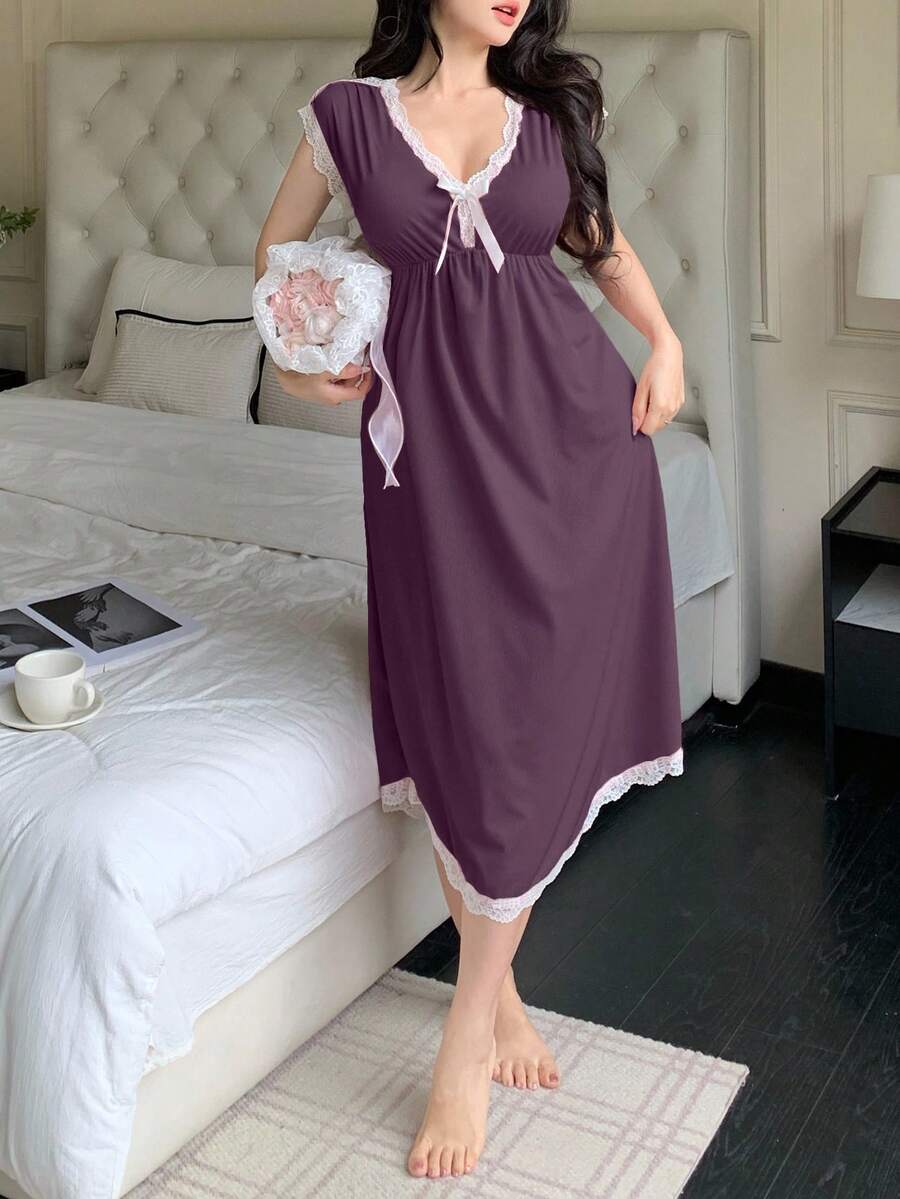 SHEIN 女款深V領蝴蝶結睡袍 - 紫色 - 查看 1