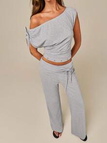 Athîral Women's 2 Pieces Set Off-Shoulder Short Sleeve T-Shirt And Elastic Long Pants, Summer Knit Set, Casual Sexy, Light Grey, All-Season Vacation - Grey - View 3