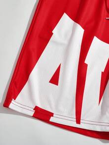 ROMWE MEN Street Life Spring/Summer Casual Printed Red Drawstring Waist Letter Basketball Shorts, School Style - Red - View 4