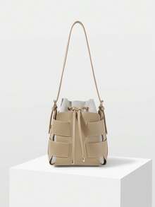 MOTF WOMEN'S FASHION GRAY SHOULDER BAG, EXQUISITE VACATION WOVEN HOLLOW BUCKET BAG, SUITABLE FOR DAILY, COMMUTING, SHOPPING, VACATION, TRAVEL - Grey - View 3