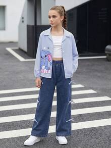 SHEIN 3件組青少年女孩史迪奇藍白條紋印花襯衫、牛仔褲與吊帶背心上衣，適合日常、上學、早午餐、度假等多種場合，輕盈適合春夏季穿著 - 藍色 - 查看 7