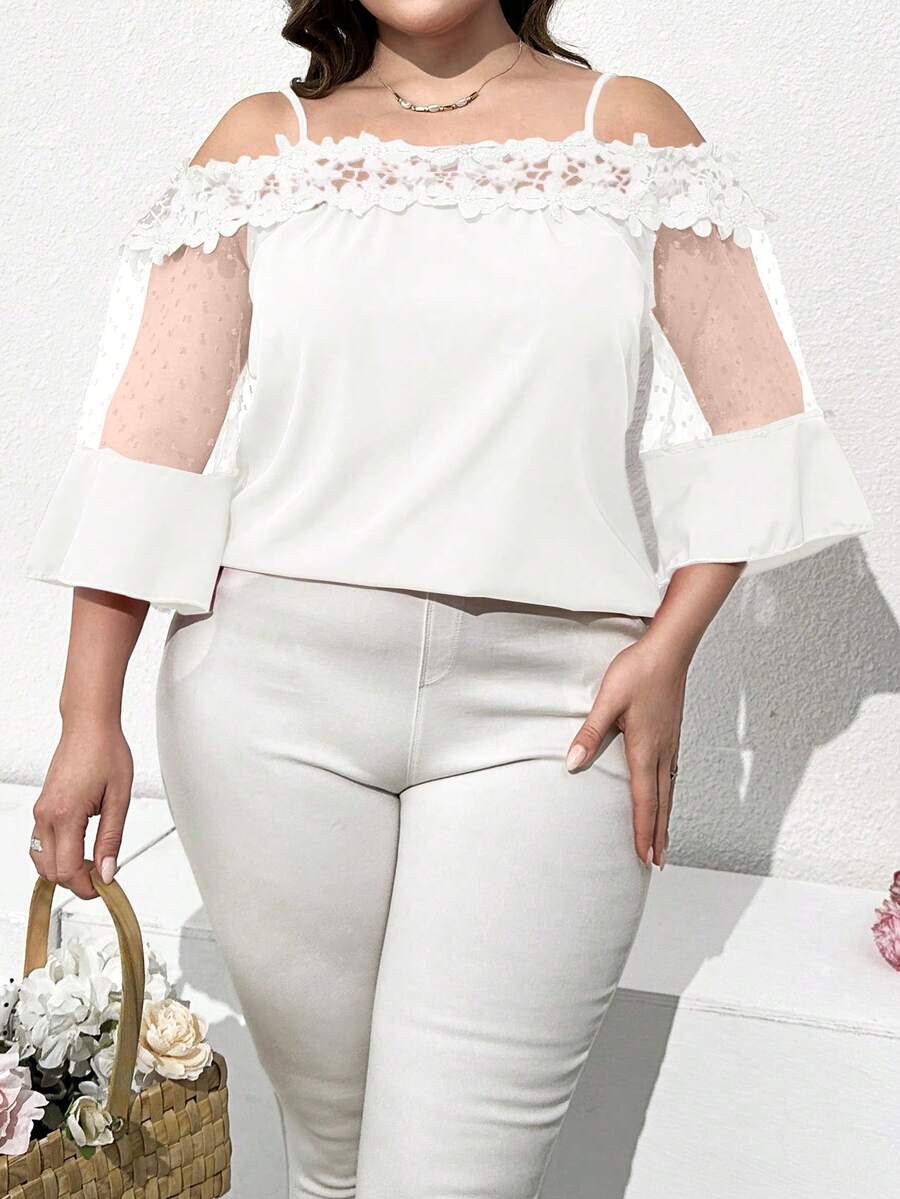 Flouryn Plus Size Women's Contrast Lace Off-Shoulder Mesh 3/4 Sleeve Elegant Blouse Party Vacation All White Summer - White - View 1