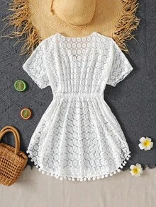 SHEIN 青少年女孩度假 V 領短袖罩衫洋裝 - 白色 - 查看 2