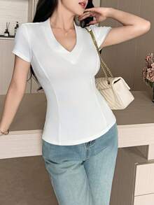 Feyla New French Style V-Neck Boning Short Sleeve Minimalist Modest Inner Layer Slimming Fitted Solid Color Versatile Top T-Shirt Office White Summer - White - View 3