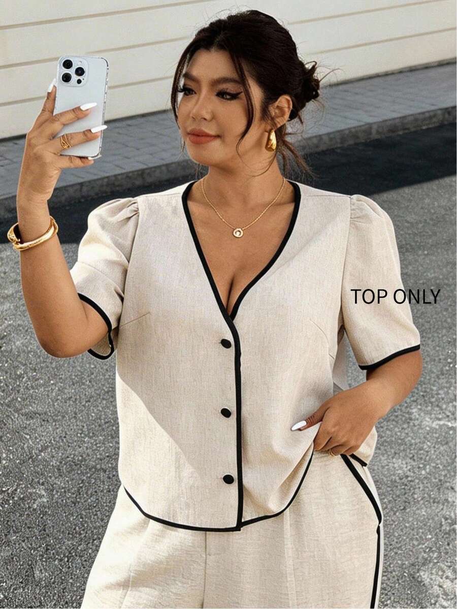 Lounesse 大码女式翻领单排扣短款花瓣袖西装外套 - 杏色 - 查看 1