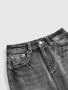 ROMWE J-Fashion Y2K復古低腰蝴蝶刺繡可調節對比縫線女款牛仔裙 - 灰色 - 查看 3