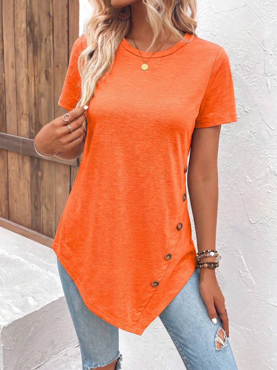 EMERY ROSE Women's Solid Color Round Neck Casual Versatile Daily Outing Short Sleeve Shirt - Orange - View 1