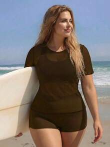 Swim SPRTY Plus Size Women 3pcs Set Solid Color Mesh Cover-Up Camisole Bra Shorts Bikini Set Beach Resort Vacation Holiday Surfing Sports Summer - Coffee Brown - View 3