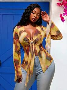 Radiana Plus Size Women's Butter Yellow Pleated Casual Sexy Versatile Daily Outing Top Party Vacation Cocktail Going Out Summer - Orange - View 3