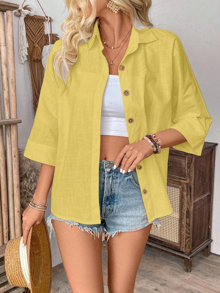 Breezaya Women's Solid Color 3/4 Sleeve Single-Breasted Casual Loose Shirt - Yellow - View 1