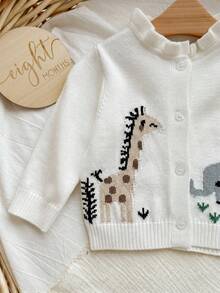 SHEIN Cardigan Rajut Lengan Panjang Berkerah Tunggal Motif Jerapah Kartun Bunga, Bordir Dunia Hewan, dan Hiasan Ruffle untuk Bayi Perempuan Baru Lahir, Cocok untuk Musim Gugur/Dingin - Putih - View 2