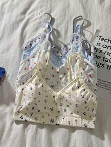SHEIN Girlism 青少年女孩內衣與無鋼圈內衣，俏皮可愛花卉圓點蝴蝶結愛心圖案印花背心上衣多件組，無縫學生底層內衣上衣5件套，可拆卸 - 彩色 - 查看 9
