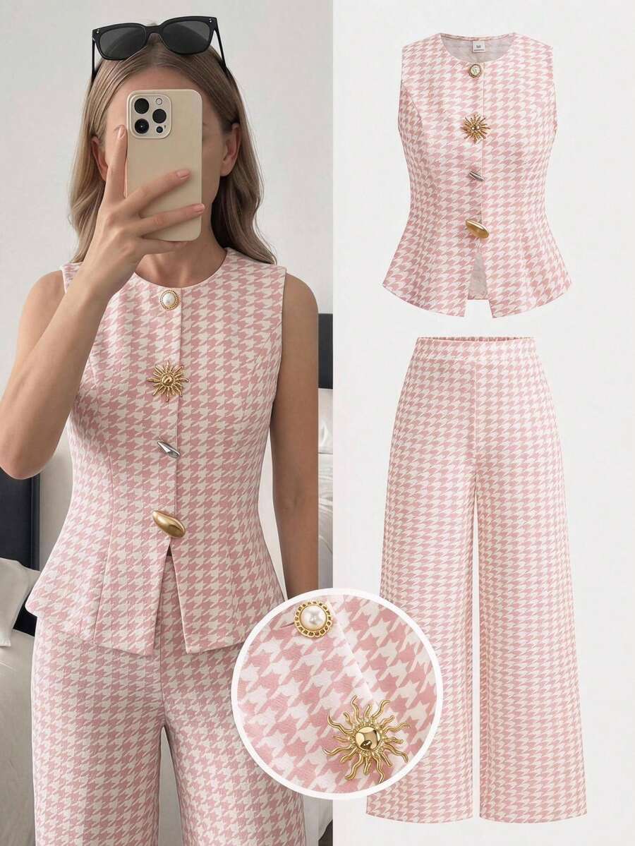 SHEIN Girlism Kinder Teenager Mädchen Frühling/Sommer Neu Gewebtes Hahnentritt-Muster Einreihige Vintage Elegante Lässige Pendler Ärmellos Knopf Weste Und Lange Hose Set, Metallknopf Verschluss, Elegantes Vintage Set, Schulanfang Saison - Pink - Übersicht 1