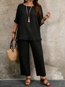 SHEIN LUNE CURVE 復古鄉村風紋理面料大尺碼女款兩件套春夏季服飾 - 黑色 - 查看 1