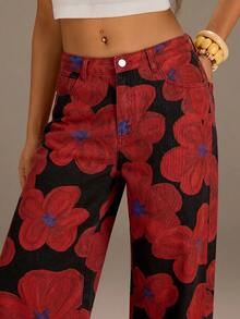 Athîral Denim 紅色花卉休閒街頭風女款牛仔褲 - 黑色 - 查看 1