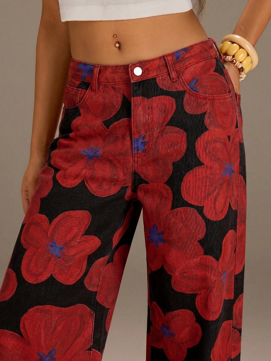 Athîral Denim 紅色花卉休閒街頭風女款牛仔褲 - 黑色 - 查看 1
