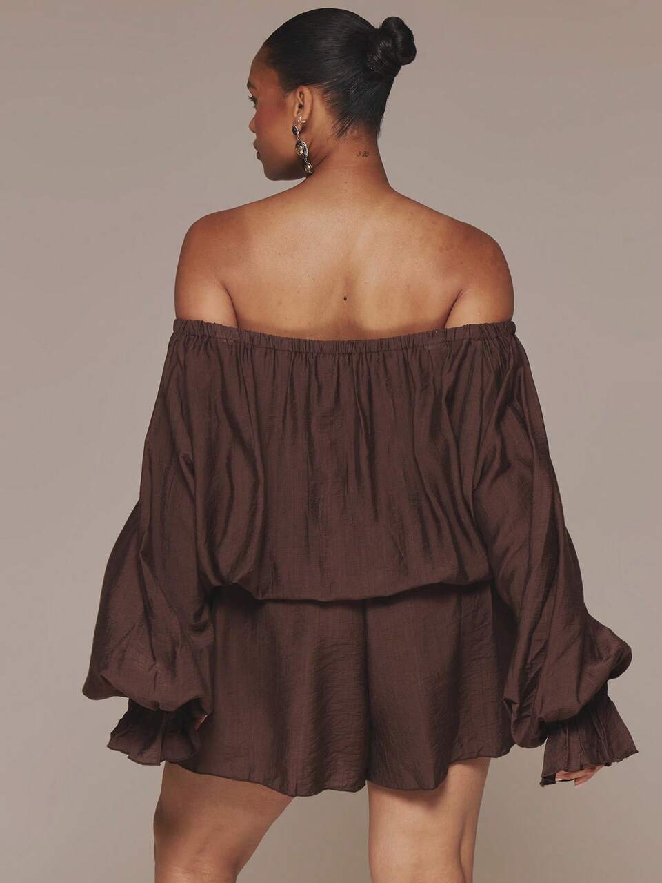 Curve Brown Bardot Off Shoulder Lace Up Front Long Sleeve Playsuit