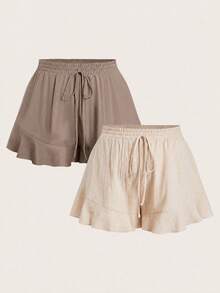 Elaquor Plus Size Women's Solid Color Drawstring Waist Casual Versatile Everyday Shorts - Multicolor - View 9
