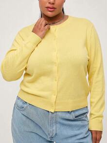 SHEIN BASICS 純色休閒傳統優雅長袖大尺碼開襟衫，適合秋季/返校季教師節辦公正式場合畢業典禮，奶油黃 - 淡黃色 - 查看 2