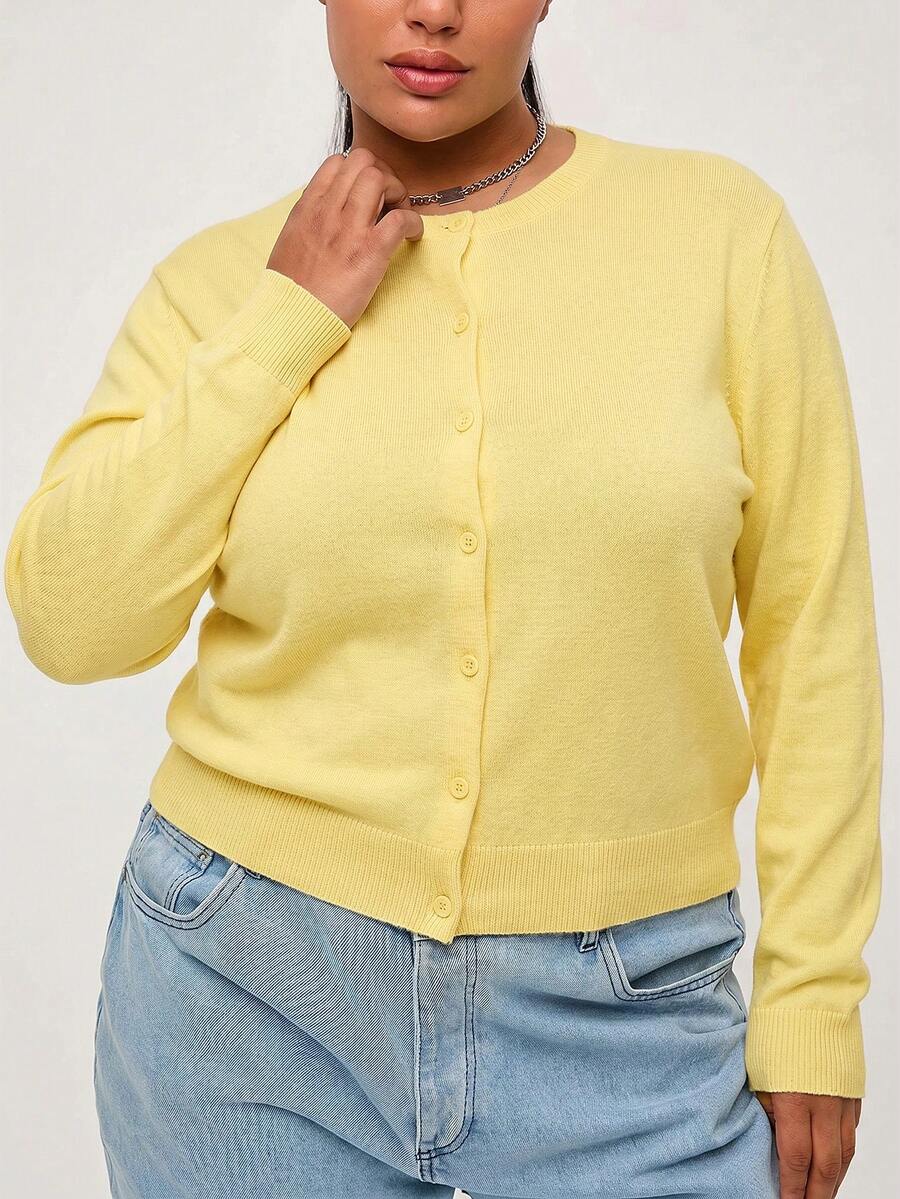 SHEIN BASICS 純色休閒傳統優雅長袖大尺碼開襟衫，適合秋季/返校季教師節辦公正式場合畢業典禮，奶油黃