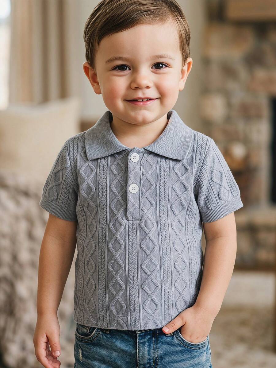 SHEIN Vintaside Kids 1件男嬰灰藍色夏季休閒小童編織短袖POLO衫,紋理編織圖案,按鈕領口,嬰幼兒套裝 6M-3T - 灰色 - 查看 1