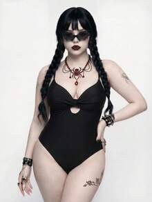 ROMWE Goth 2026新款哥德式暗黑極簡大尺碼連身泳衣 - 黑色 - 查看 3