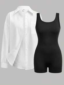 SHEIN Kids Teen Girls Bodysuits & Jumpsuits Spring Summer Autumn New Woven White Crepe Long Sleeve Shirt And Black Knit Basic Sleeveless Jumpsuit Casual Daily Streetwear 2pcs Set - Black and White - View 4
