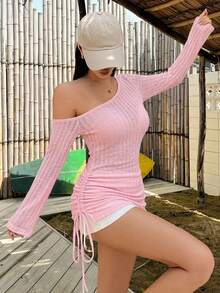 DAZY 女款夏季不對稱單肩抓皺綁帶沙灘罩衫，性感極簡半透長袖泳衣披肩 - 粉色 - 查看 5
