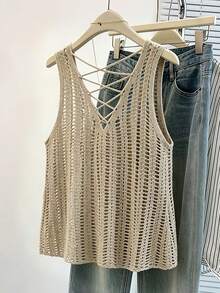 Franclia Women's Solid Color Hollow Out Backless Knit Fashion Vest Tank Top - Khaki - View 2