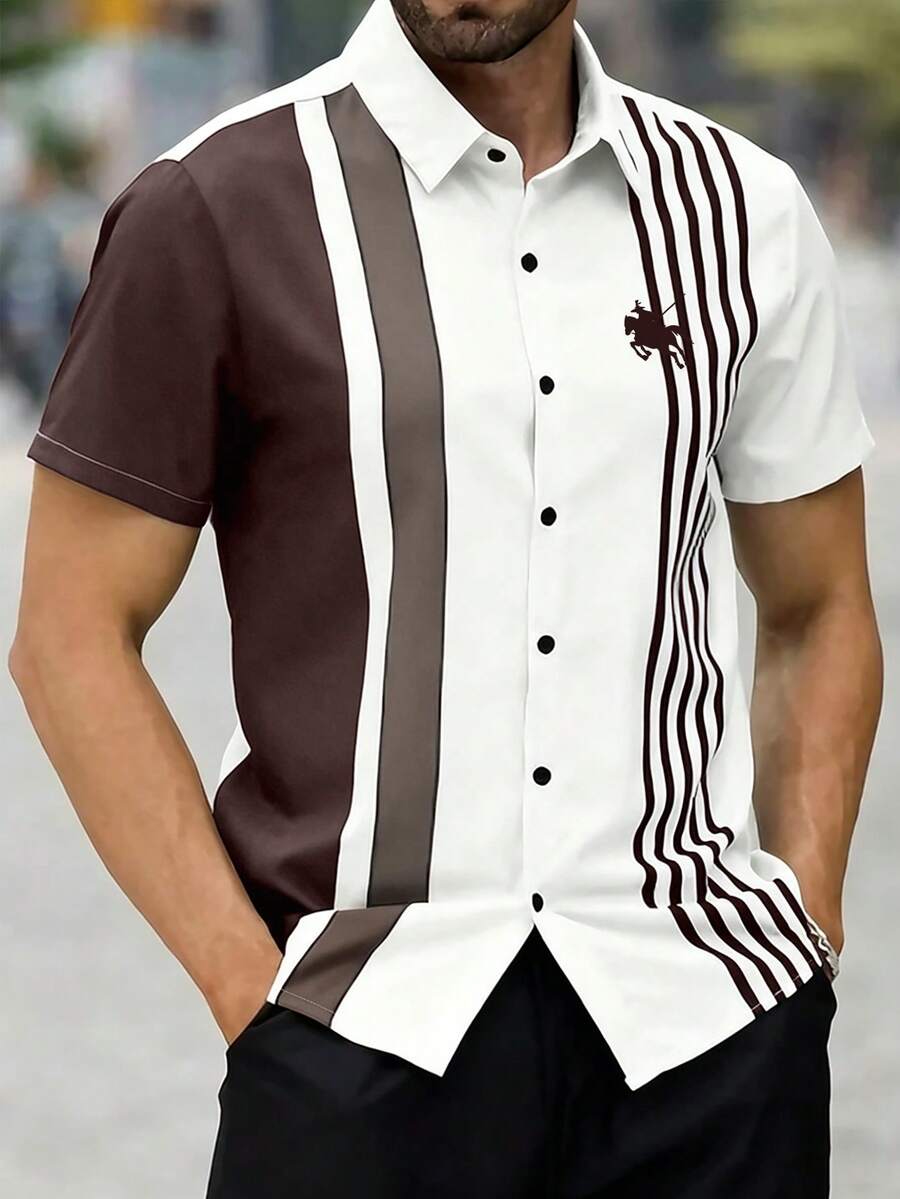 Manfinity Homme Men's Striped Knight Pattern Print Contrast Color Single-Breasted Short Sleeve Shirt, Ceremony - Multicolor - View 1