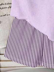 2pcs Baby Girl Casual Cream Purple Beach Tropical Palm Tree Print Round Neck Short Sleeve T-Shirt And Striped Shorts Set,Summer Vacation Holiday Wear - Multicolor - View 4
