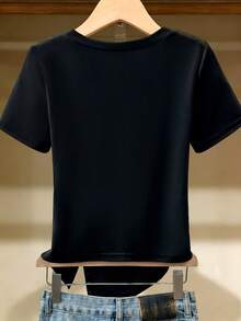 GlowEve Women's V-Neck Shell Decor Fitted Versatile Daily Outing T-Shirt - Black - View 2