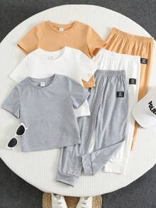SHEIN 6件装男童夏季套装，白色、蓝色、绿色条纹短袖T恤和裤子套装，舒适休闲，适合日常穿着。 - 彩色 - 查看 2
