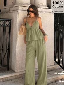 Siren Gaze Women's Solid Color Ruffle Hem Camisole Top And Pants 2 Pieces Set - Olive Green - View 8