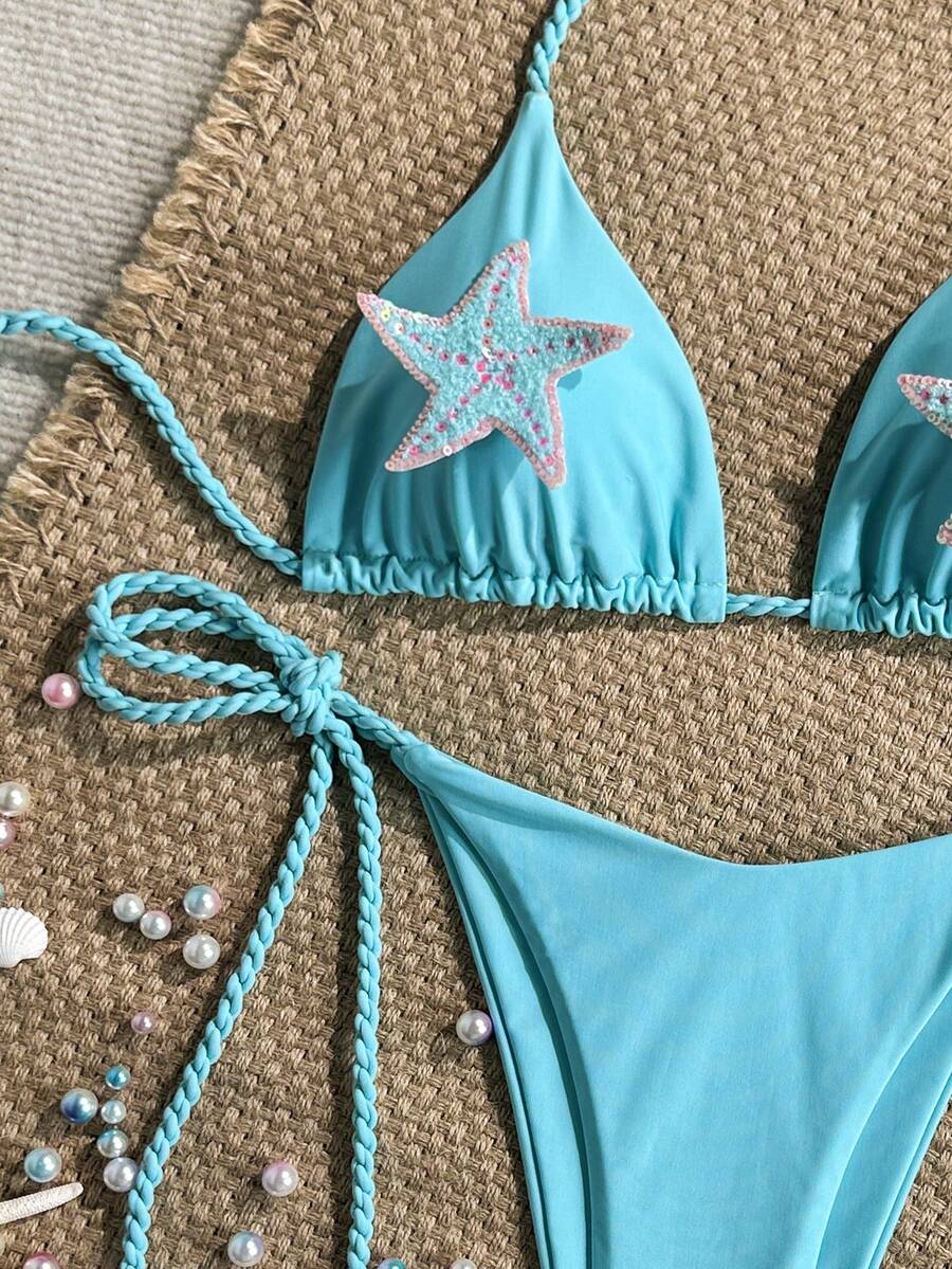 Swim Vcay-D 2件組 春夏海灘度假純色編繩亮片海星裝飾掛脖三角比基尼上衣與側綁比基尼褲女款性感泳衣套裝 - 薄荷藍 - 查看 1