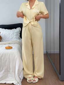 Napfluff Lace Trim Bow Decor Striped Short Sleeve Top And Pants Pajama Set - Yellow - View 2