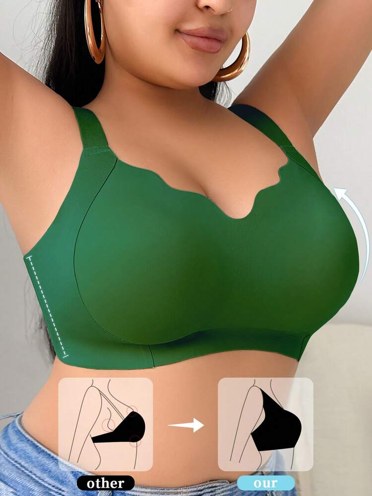 SHEIN Sujetador sin costuras sin aros con efecto push-up para mujer talla grande, sujetador de gelatina con soporte suave, bralette de cuello en V, cómodo, 1 pieza - Verde militar - Añade 1